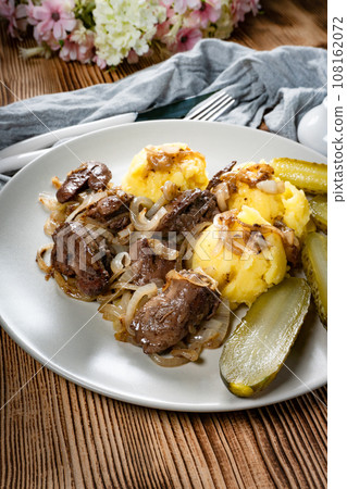 Fried liver with onion. Fried liver with onion. 108162072
