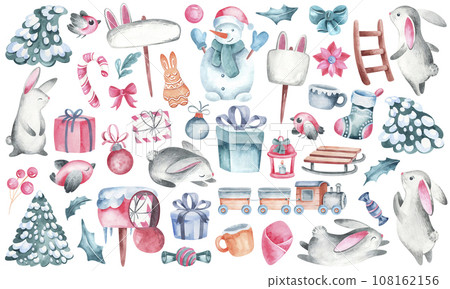 A set of New Year's elements for printing stickers: Christmas tree, New Year's sock, lantern, candy, gingerbread, hare, Christmas tree toys. Christmas collection on a white background. For printing st 108162156