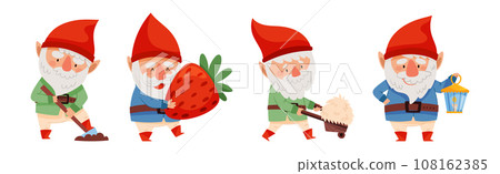 Fantastic Gnome Character with White Beard and Red Pointed Hat Vector Illustration Set 108162385