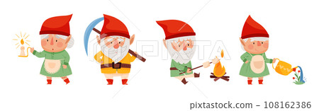 Fantastic Man and Woman Gnome Character in Red Pointed Hat Vector Illustration Set 108162386