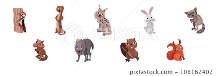 Forest Animals with Woodpecker, Otter, Lynx, Bunny, Raccoon and Wolf Vector Set 108162402