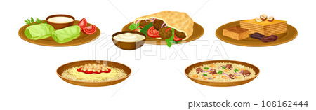 Egyptian Dish and Traditional Cooked Food on Plate Vector Illustration Set 108162444
