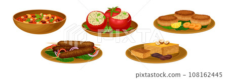 Egyptian Dish and Traditional Cooked Food on Plate Vector Illustration Set 108162445