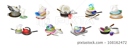 Dirty Dish and Kitchen Utensils Pile for Cleaning Vector Set Dirty Dish and Kitchen Utensils Pile for Cleaning Vector Set 108162472