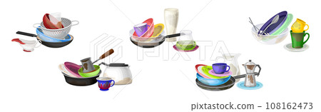 Dirty Dish and Kitchen Utensils Pile for Cleaning Vector Set Dirty Dish and Kitchen Utensils Pile for Cleaning Vector Set 108162473