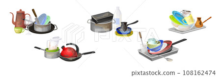 Dirty Dish and Kitchen Utensils Pile for Cleaning Vector Set Dirty Dish and Kitchen Utensils Pile for Cleaning Vector Set 108162474
