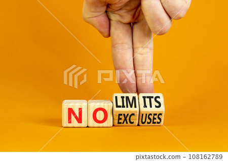 No excuses limits symbol. Concept words No excuses No limits on wooden block. Beautiful orange table orange background. Businessman hand. Business motivational no excuses limits concept. Copy space. No excuses limits symbol. Concept words No excuses No limits on wooden block. Beautiful orange table orange background. Businessman hand. Business motivational no excuses limits concept. Copy space. 108162789