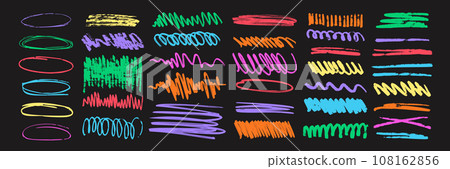 Colorful charcoal scribble stripes and paint shapes. Children's crayon or marker doodle rouge handdrawn scratches. Vector illustration of horizontal waves, squiggles in marker sketch style. Colorful charcoal scribble stripes and paint shapes. Children's crayon or marker doodle rouge handdrawn scratches. Vector illustration of horizontal waves, squiggles in marker sketch style. 108162856