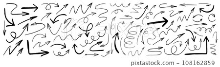 Charcoal hand drawn pencil arrows. Doodle curved chalk darts. Texture design elements of scribble lines. Vector illustration of hand painted crayon check lines. 108162859