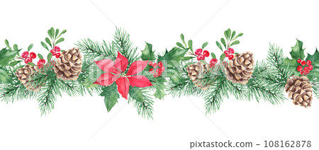 Horizontal watercolor Christmas border pattern. Hand drawn illustration. Pine cone and branches, Holly plant with red berries, poinsettia, cowberry, lingonberry. Can be used for fabric, packaging 108162878