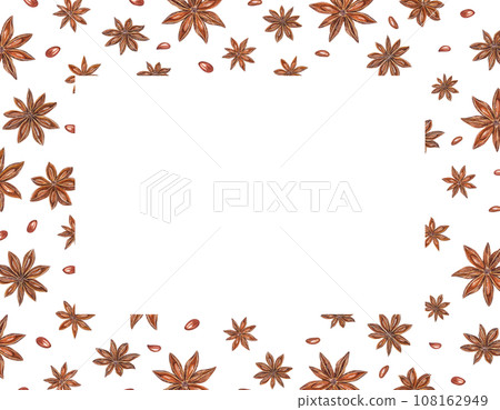 Star anise. Watercolor horizontal frame. Badian, Aniseed. Winter hand drawn illustration of brown spices for greetings, cards, package. Copy space for text Star anise. Watercolor horizontal frame. Badian, Aniseed. Winter hand drawn illustration of brown spices for greetings, cards, package. Copy space for text 108162949