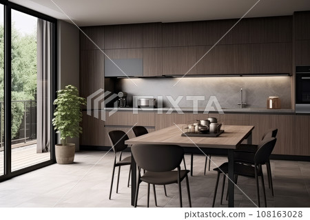 AI generation. Sleek and modern, the dark kitchen exudes industrial flair and sophistication. 108163028