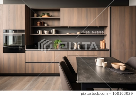 AI generation. Sleek and modern, the dark kitchen exudes industrial flair and sophistication. AI generation. Sleek and modern, the dark kitchen exudes industrial flair and sophistication. 108163029