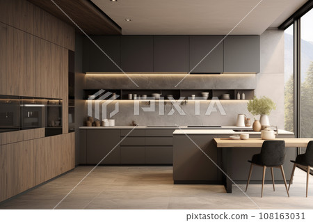 AI generation. Sleek and modern, the dark kitchen exudes industrial flair and sophistication. 108163031