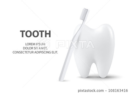 Vector 3d Realistic Tooth and Toothbrush Closeup Isolated on White Background. Medical Dentist Banner. Design Template, Clipart, Mockup. Dentistry, Healthcare, Hygiene Concept 108163416