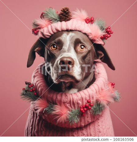 Cute dog in knitted Christmas sweater 108163506