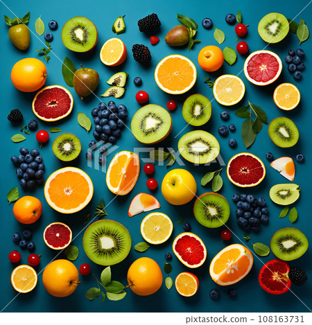 flatlay, set of full and sliced fruits, bananas, strawberries, almonds, mangoes, apples and other fruits, healthy and delicious food 108163731