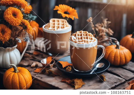 still life of a cup of hot latte and waffers and pumpkins on an old wooden table against the background of beautiful autumn nature at sunset, decoration for Halloween still life of a cup of hot latte and waffers and pumpkins on an old wooden table against the background of beautiful autumn nature at sunset, decoration for Halloween 108163751