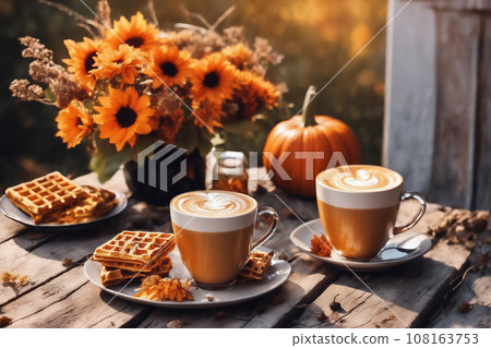 still life of a cup of hot latte and waffers and pumpkins on an old wooden table against the background of beautiful autumn nature at sunset, decoration for Halloween 108163753