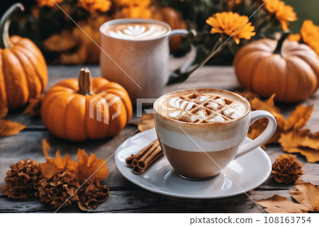 still life of a cup of hot latte and waffers and pumpkins on an old wooden table against the background of beautiful autumn nature at sunset, decoration for Halloween still life of a cup of hot latte and waffers and pumpkins on an old wooden table against the background of beautiful autumn nature at sunset, decoration for Halloween 108163754