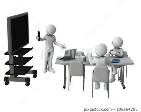 A businessman giving a presentation using a large display. 108164295