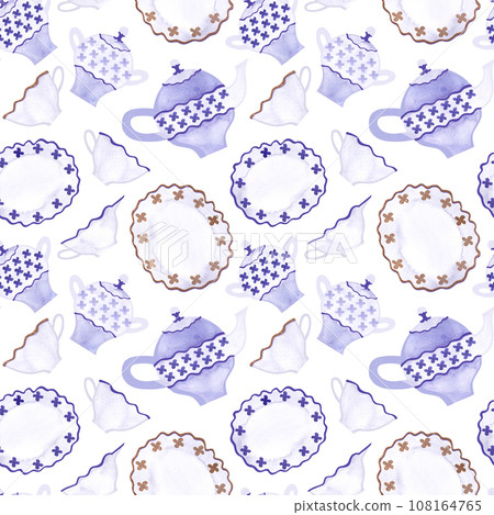 Breakfast: tea, coffee, croissants, muffins, kettle, cups. Seamless watercolor pattern on a white background. Breakfast: tea, coffee, croissants, muffins, kettle, cups. Seamless watercolor pattern on a white background. 108164765