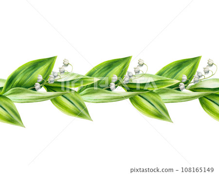 Watercolor seamless border with bouquets of lilies of the valley flowers isolated on white background. Spring hand painted illustration. For designers, wedding, decoration, postcards, wrapping paper, Watercolor seamless border with bouquets of lilies of the valley flowers isolated on white background. Spring hand painted illustration. For designers, wedding, decoration, postcards, wrapping paper, 108165149