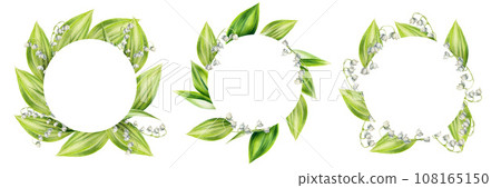 Watercolor set of frames and logos with bouquets of lilies of the valley flowers isolated on white background. Spring hand painted illustration. For designers, wedding, decoration, postcards, wrapping 108165150