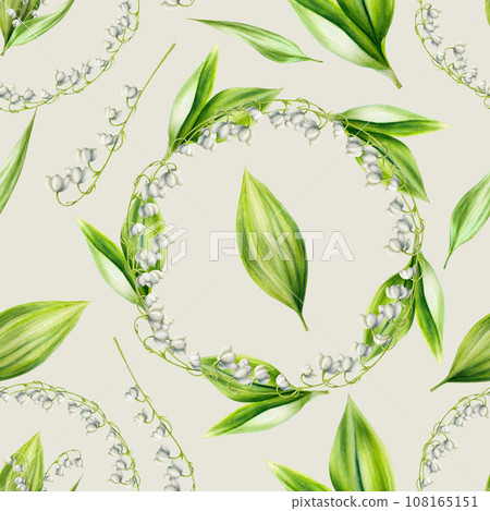 Watercolor seamless pattern with bouquets of lilies of the valley flowers isolated on background. Spring hand painted illustration. For designers, wedding, decoration, postcards, wrapping paper, 108165151
