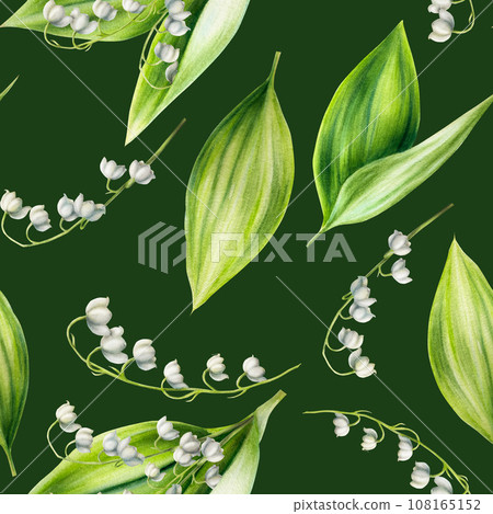 Watercolor seamless pattern with bouquets of lilies of the valley flowers isolated on background. Spring hand painted illustration. For designers, wedding, decoration, postcards, wrapping paper, Watercolor seamless pattern with bouquets of lilies of the valley flowers isolated on background. Spring hand painted illustration. For designers, wedding, decoration, postcards, wrapping paper, 108165152