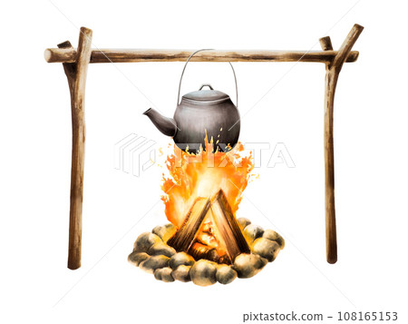 Watercolor campfire with big black kettle illlustration. Camping equipment for recreation tourism and adverture isolated on white background. Clip art for designers, travel business, postcards, Watercolor campfire with big black kettle illlustration. Camping equipment for recreation tourism and adverture isolated on white background. Clip art for designers, travel business, postcards, 108165153