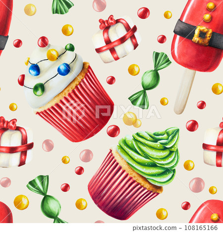 Watercolor seamless pattern with christmas candy canes, muffins and ice creams illustration. New year hand painting lollipops isolated on white background. New year hand painting red cupcake isolated 108165166