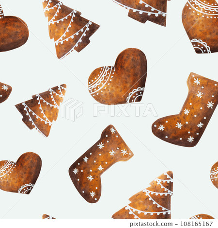 Watercolor Christmas seamless pattern with crispy gingerbread cookies with icing. New year hand painting isolated on white background. For designers, food decoration, menu, shop, for postcards, Watercolor Christmas seamless pattern with crispy gingerbread cookies with icing. New year hand painting isolated on white background. For designers, food decoration, menu, shop, for postcards, 108165167