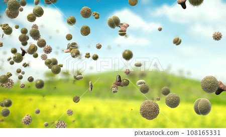 Pollen grains, which can trigger allergies, are transported through the air in a meadow in spring - 3d illustration Pollen grains, which can trigger allergies, are transported through the air in a meadow in spring - 3d illustration 108165331