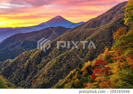 從櫛方山看到的錦州連峰和被朝霞染紅的富士山 從櫛方山看到的錦州連峰和被朝霞染紅的富士山 108165646