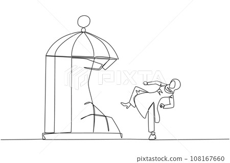 Continuous one line drawing Arabian businesswoman destroy cage with the kick. Metaphors remove the comfort zone trap. A genius entrepreneur for the company. Single line draw design vector illustration Continuous one line drawing Arabian businesswoman destroy cage with the kick. Metaphors remove the comfort zone trap. A genius entrepreneur for the company. Single line draw design vector illustration 108167660
