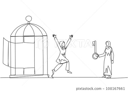 Single one line drawing Arab businesswoman who was free by colleague from trap of cage. Teamwork metaphor. Growing business together. Great relationship. Continuous line design graphic illustration Single one line drawing Arab businesswoman who was free by colleague from trap of cage. Teamwork metaphor. Growing business together. Great relationship. Continuous line design graphic illustration 108167661
