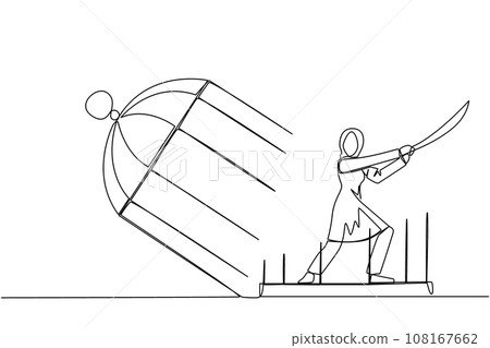 Single continuous line drawing Arab businesswoman trapped in cage holds samurai. Expression of anger over limitations that shackle. Seek freedom at any cost. Madness. One line vector illustration Single continuous line drawing Arab businesswoman trapped in cage holds samurai. Expression of anger over limitations that shackle. Seek freedom at any cost. Madness. One line vector illustration 108167662