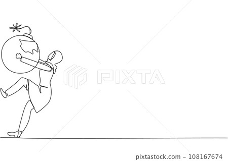 Continuous one line drawing Arabian businesswoman carrying bomb with burning fuse. Concept of keeping danger away from the business environment to survive. Single line draw design vector illustration Continuous one line drawing Arabian businesswoman carrying bomb with burning fuse. Concept of keeping danger away from the business environment to survive. Single line draw design vector illustration 108167674