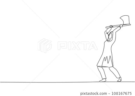 Single one line drawing Arabian businesswoman swinging an axe. Style like a lumberjack. Strong. Muscular. Powerful. Sports for physical health. Awareness. Continuous line design graphic illustration 108167675