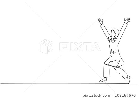 Continuous one line drawing Arabian businesswoman running to celebrate success of business. Like football player who scores goal, she celebrates. Success. Single line draw design vector illustration 108167676