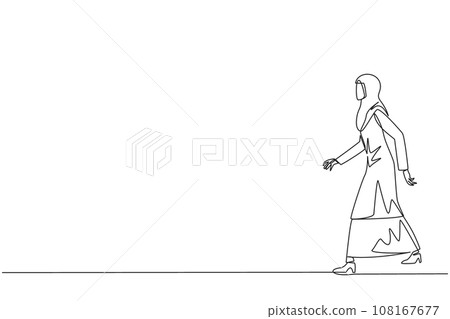 Single continuous line drawing Arab businesswoman walking to canteen to break and lunch. Taking time for a while to hone ideas back into brilliant ideas. Success. One line design vector illustration 108167677