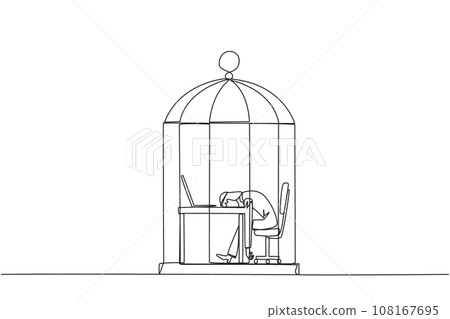 Single one line drawing Arabian businessman trapped in cage asleep on laptop. Tired of repetitive routines. The many deadlines require overtime every day. Continuous line design graphic illustration 108167695