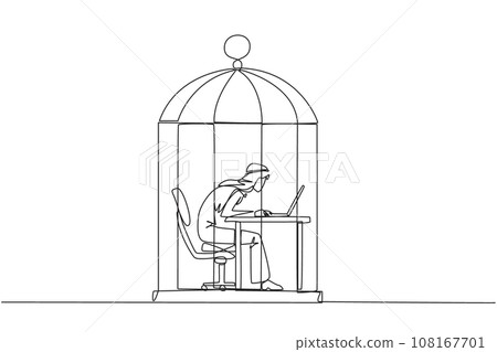 Single one line drawing Arabian businessman trapped in cage working on laptop. Plan to take annual leave to get away from routine. Workaholic. Overtime. Continuous line design graphic illustration Single one line drawing Arabian businessman trapped in cage working on laptop. Plan to take annual leave to get away from routine. Workaholic. Overtime. Continuous line design graphic illustration 108167701