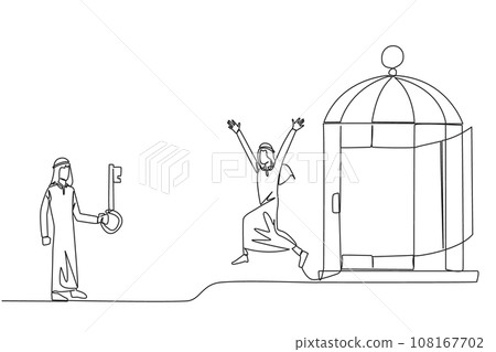 Single continuous line drawing Arab businessman who was free by colleague from the trap of a cage. Teamwork metaphor. Growing business together. Great relationship. One line design vector illustration 108167702