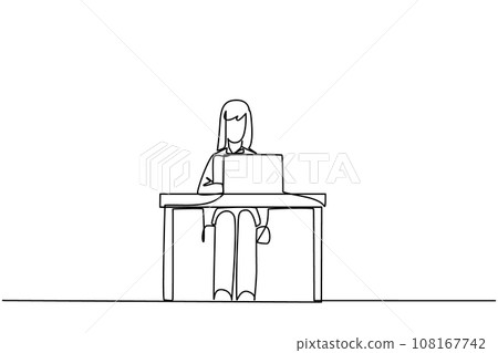 Continuous one line drawing businesswoman sitting and typing on laptop computer. Prepare important data to presenting in front of new investors. Hectic. Single line draw design vector illustration 108167742