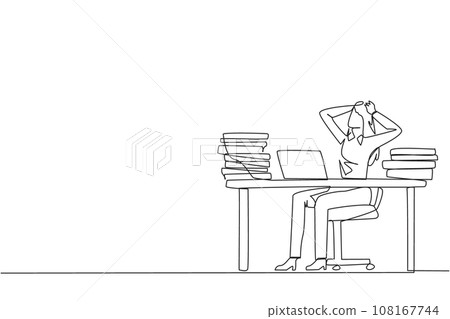 Single continuous line drawing businesswoman sitting on office chair. Curious to see stock price on a laptop screen that don't increase. Stressful businesswoman. One line design vector illustration 108167744