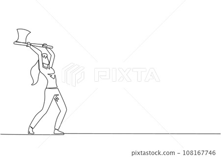Continuous one line drawing young businesswoman swinging an axe. Style like a lumberjack. Strong. Muscular. Powerful. Sports for physical health. Awareness. Single line draw design vector illustration 108167746