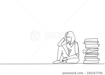 Single continuous line drawing businesswoman sitting near piles of work files. Too much work is stressful. Putting off work makes work neglected. Tired, unhappy. One line design vector illustration 108167748