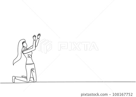 Single one line drawing businesswoman kneeling raising hands to pray. Praying to make it easier to do business. Businesswoman lost hope. Surrender. Sadness. Continuous line design graphic illustration 108167752